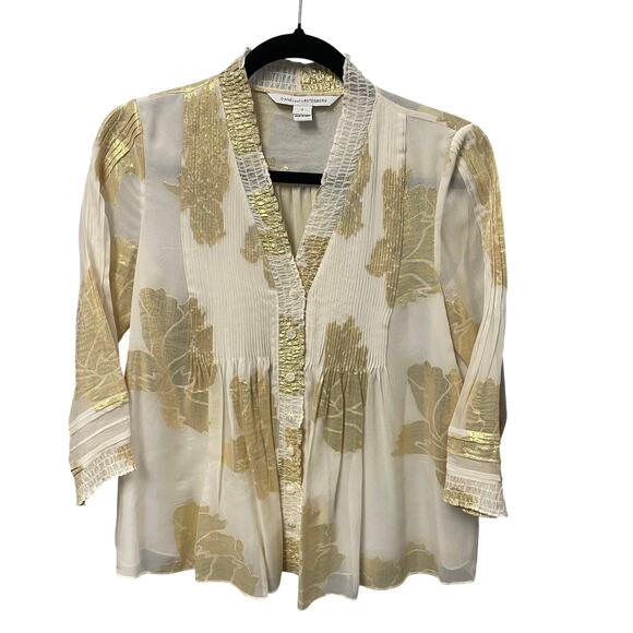 Diane von Furstenberg Ivory Gold Foil Floral Print Sheer Silk Layla Top Size 2 - Picture 1 of 10